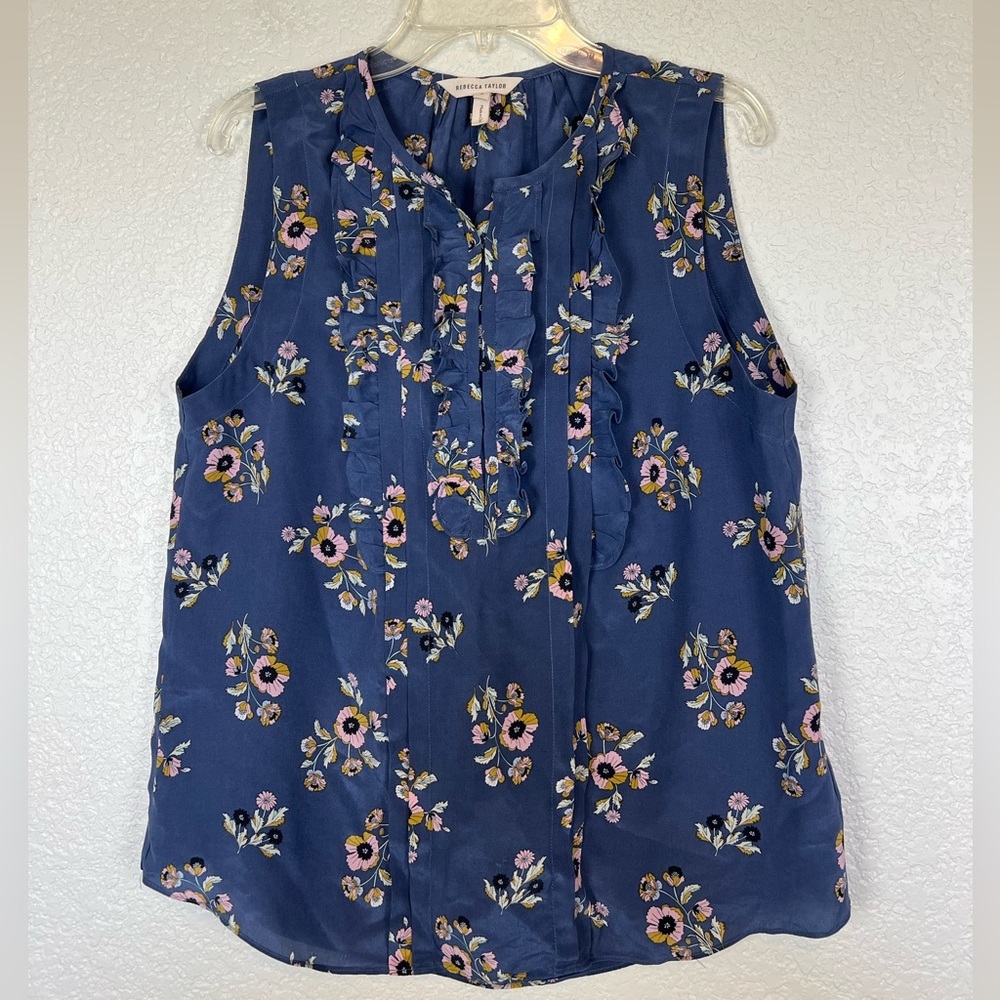 Rebecca Taylor Blue Silk Floral Sleeveless Blouse Ruffle size 6